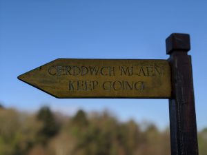 A footpath sign points to the left, with ‘CERDDWC ‘MLAEN / KEEP GOING’ carved into it.